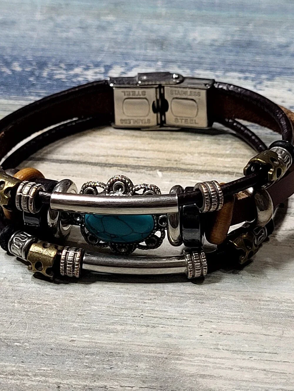 Leather Bead Bracelet with faux Turquoise Stone - Men Accessories